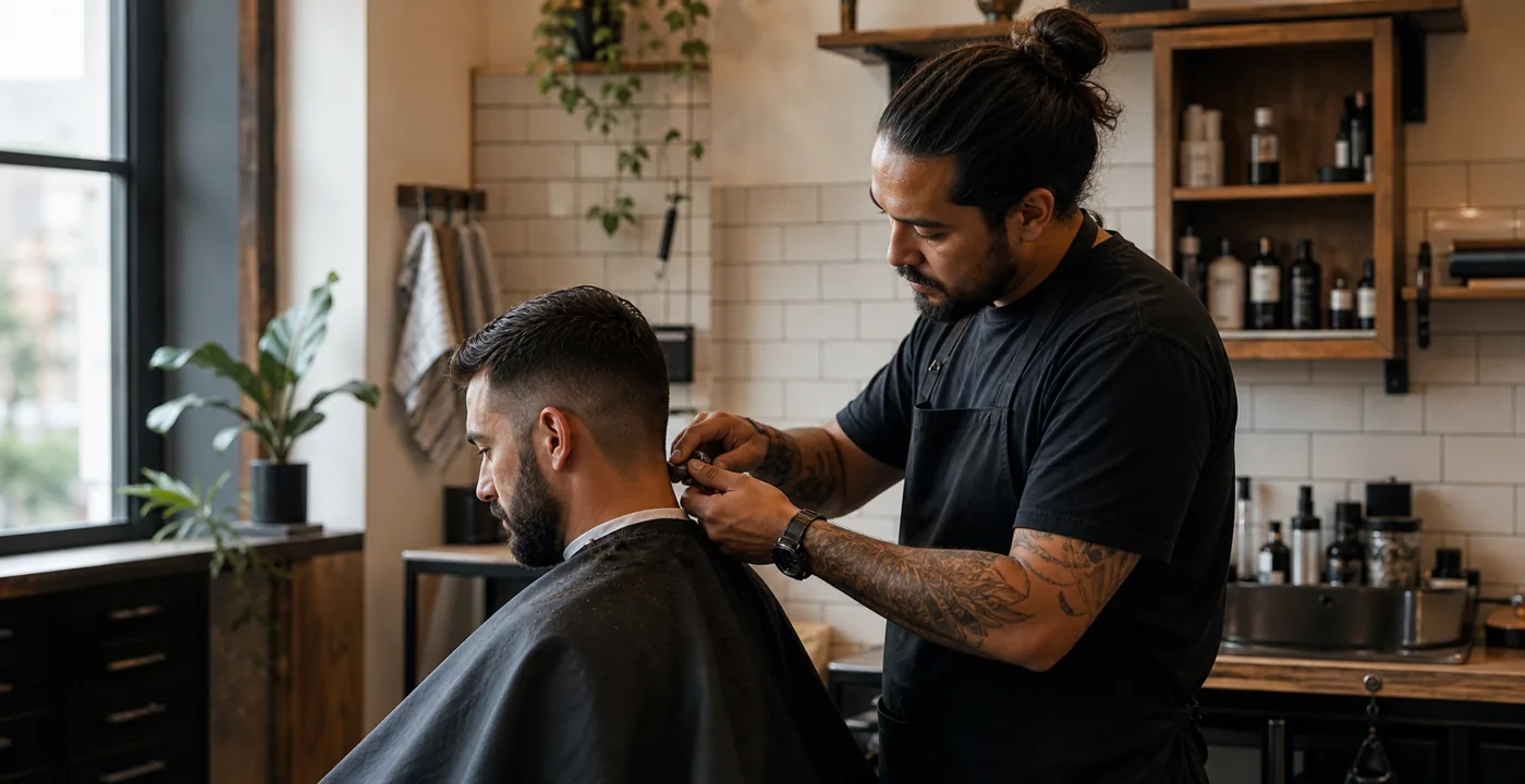 Fictional barber finishing an adult client's haircut