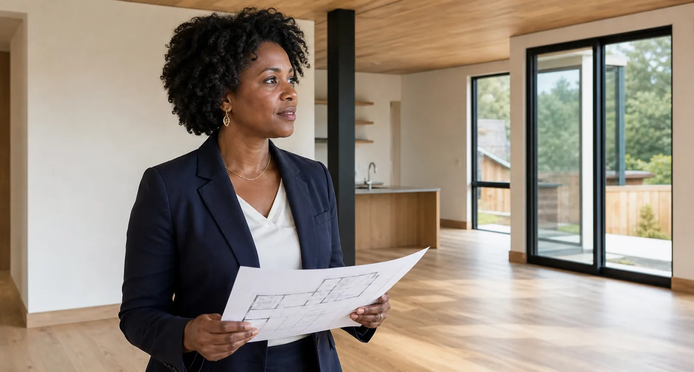 Fictional property advisor reviewing a floor plan in a bright home