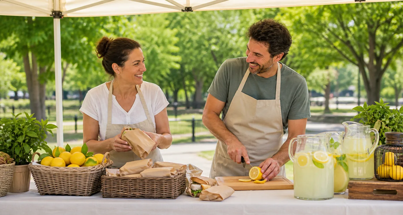 Fictional family-business owners preparing lemonade and lunches